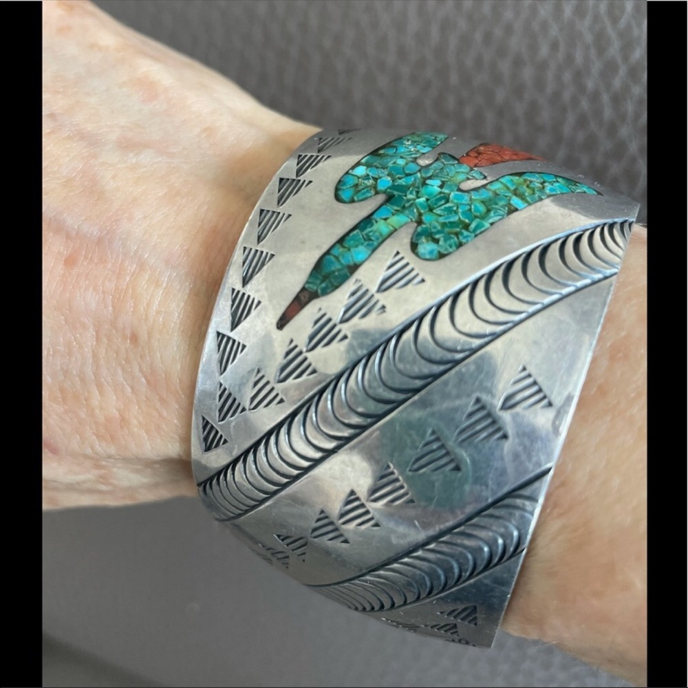 Rare Singer vintage sterling silver turquoise coral inlay bracelet cuff
